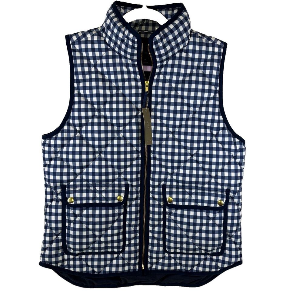 J. Crew Excursion Quilted Down Puffer Vest Buffalo Plaid Size Medium Navy Cream